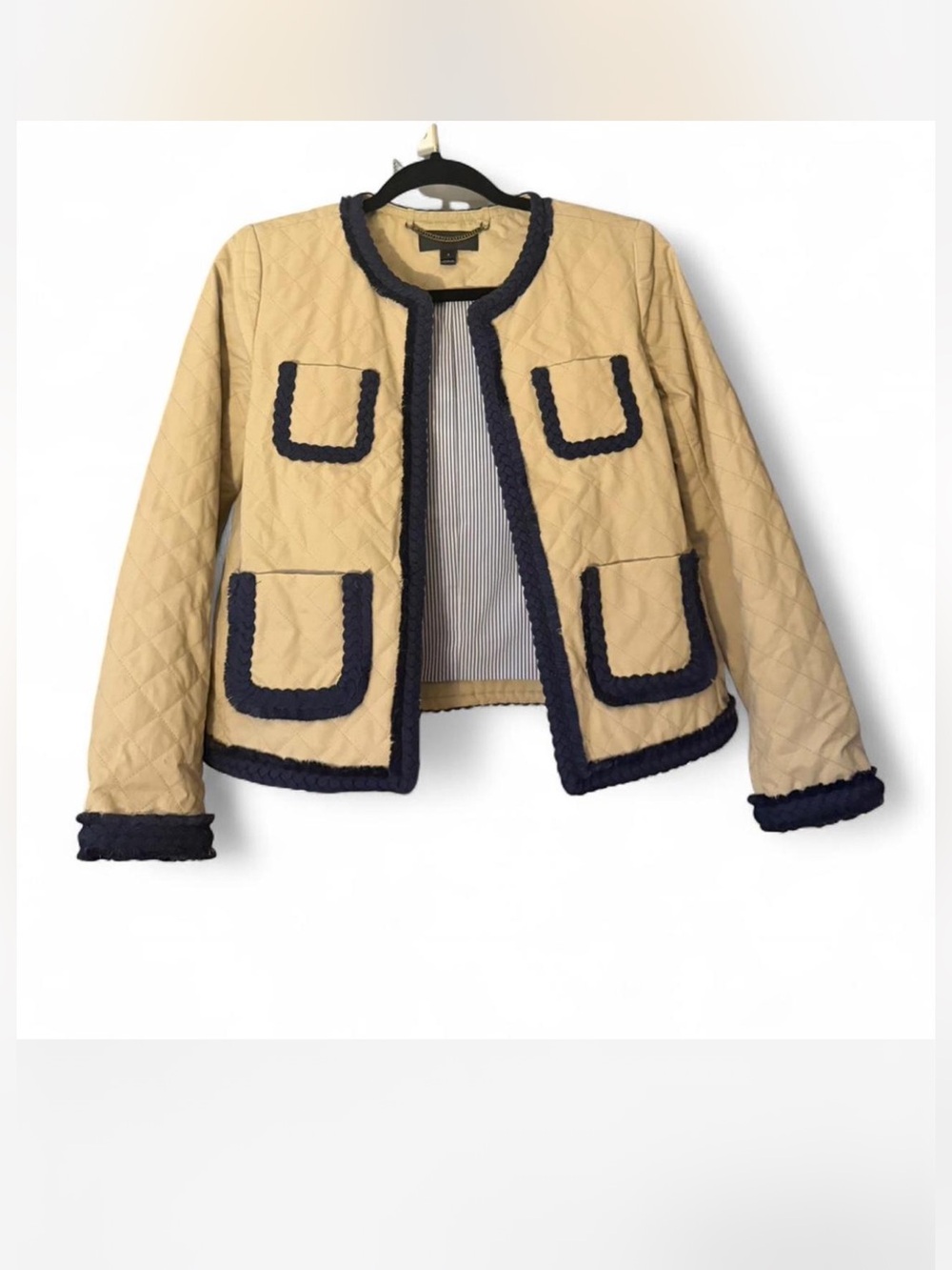 Vintage lightweight J. Crew Quilted Beige Jacket with Navy Trim